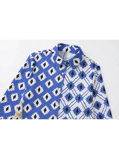 Blau-weißes Hemd mit geometrischem Muster, Baumwolle, langärmelig, modisch, Herrenmode.