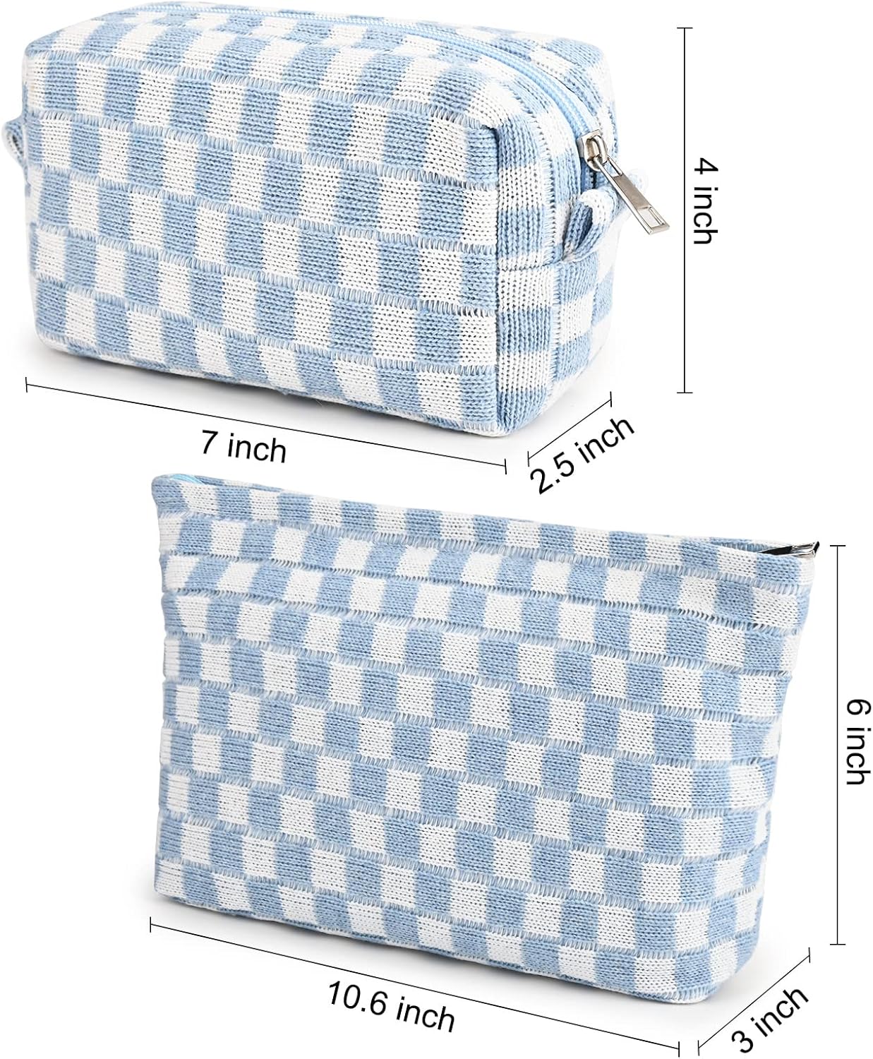 Hellblau-weiß karierte Kosmetiktasche, Reißverschluss, Baumwolle, 10,6x6x3 Zoll, Reise-Organizer.