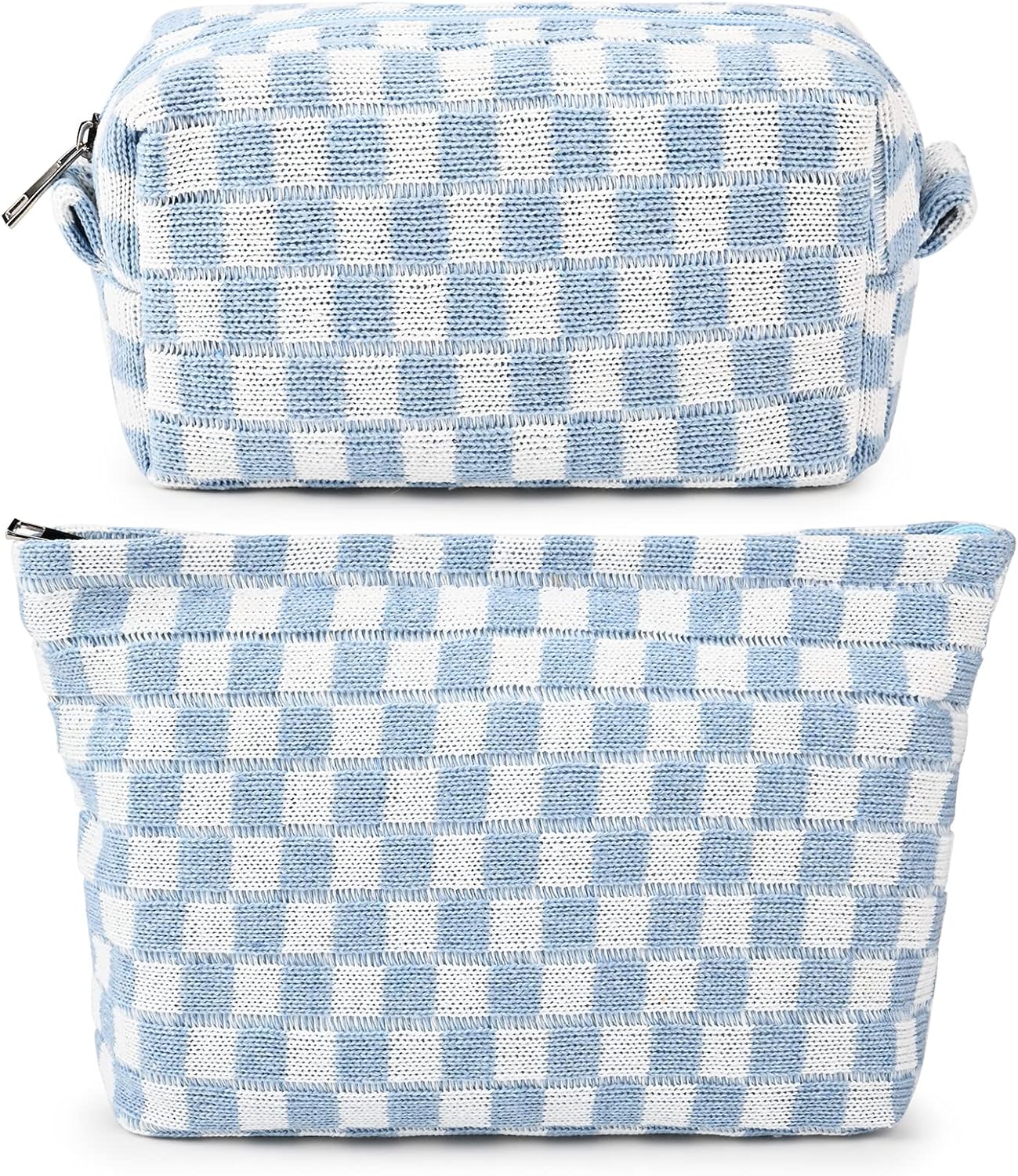 Hellblau-weiß karierte Kosmetiktasche, Reißverschluss, Baumwolle, Reise-Organizer, stilvoll.