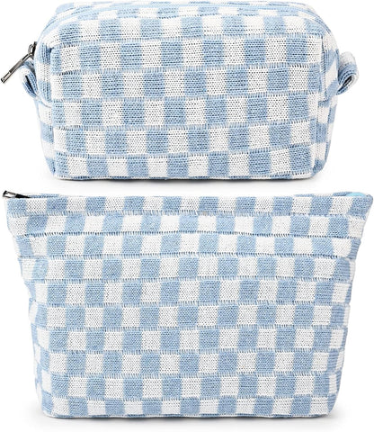 Hellblau-weiß karierte Kosmetiktasche, Reißverschluss, Baumwolle, Reise-Organizer, stilvoll.