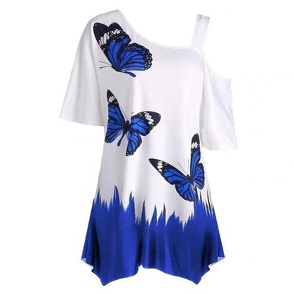 Weiß-blaues Damen-Shirt mit Schmetterlingsmotiv, asymmetrischer Schnitt, Sommermode.