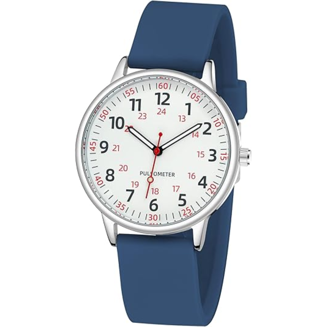 Silberne Armbanduhr mit blauem Silikonarmband, weißem Zifferblatt und rotem Sekundenzeiger.