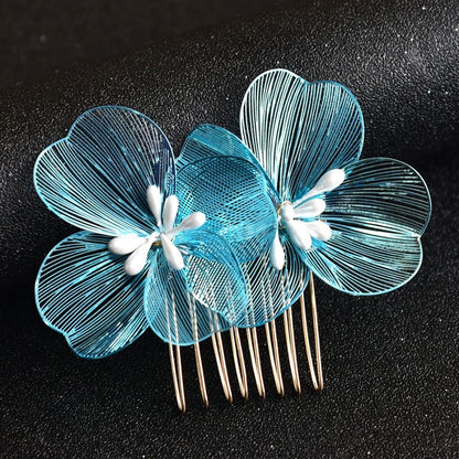 Blauer Blumen-Haarkamm aus Draht, elegant, handgefertigt, für Hochzeiten und besondere Anlässe.