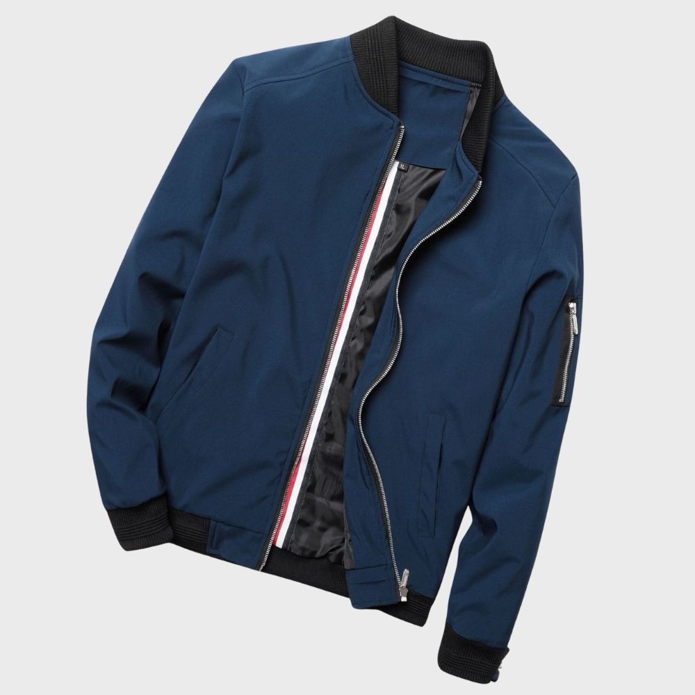 Blaue Bomberjacke mit Reißverschluss, Herrenmode, stilvoll, lässig, aus Baumwolle.