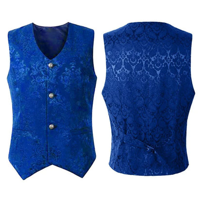 Blaue Brokatweste Herren, elegant, Knöpfe, V-Ausschnitt, festlich, Hochzeit, Anzugweste.