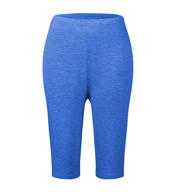 Blaue Damen-Leggings, knielang, elastisch, bequem, ideal für Sport und Freizeit.