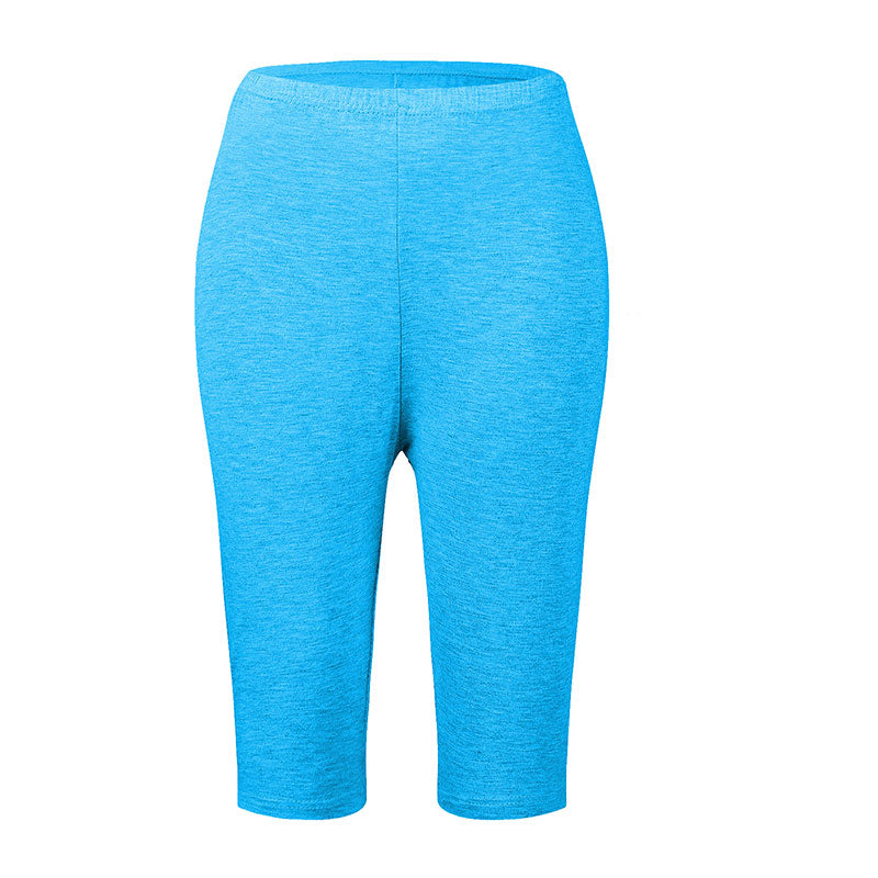 Blaue Damen-Leggings, knielang, elastisch, bequem, Sportbekleidung, Freizeitmode.