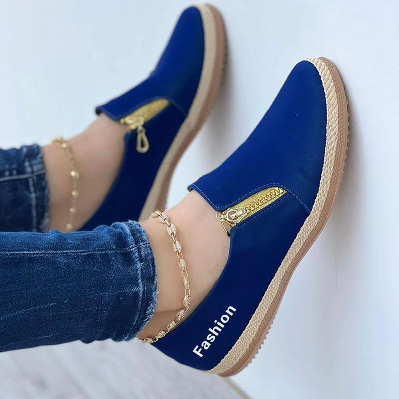 Blaue Damen-Sneaker mit Reißverschluss, modisch, bequem, Freizeitschuhe, goldene Details.