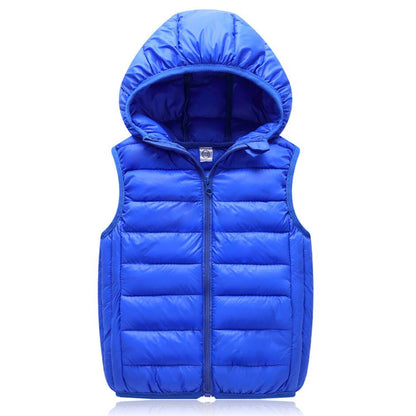 Blaue Daunenweste mit Kapuze, ärmellos, Reißverschluss, Wintermode, Unisex, Outdoor-Bekleidung.