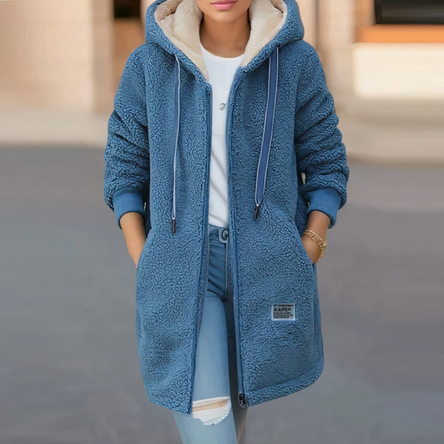 Frau in blauer Fleecejacke mit Kapuze, lässiger Stil, Herbstmode, warm und bequem.
