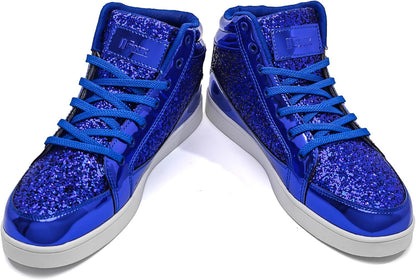 Blaue glitzernde Sneaker mit weißen Sohlen, modische Freizeitschuhe für Damen und Herren.