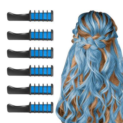 Sechs blaue Haarstyling-Werkzeuge und geflochtenes blaues Haar, Frisurenzubehör.