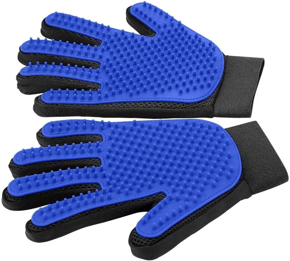 Blaue Haustierpflege-Handschuhe mit Noppen, rutschfest, für Hunde- und Katzenfellpflege.