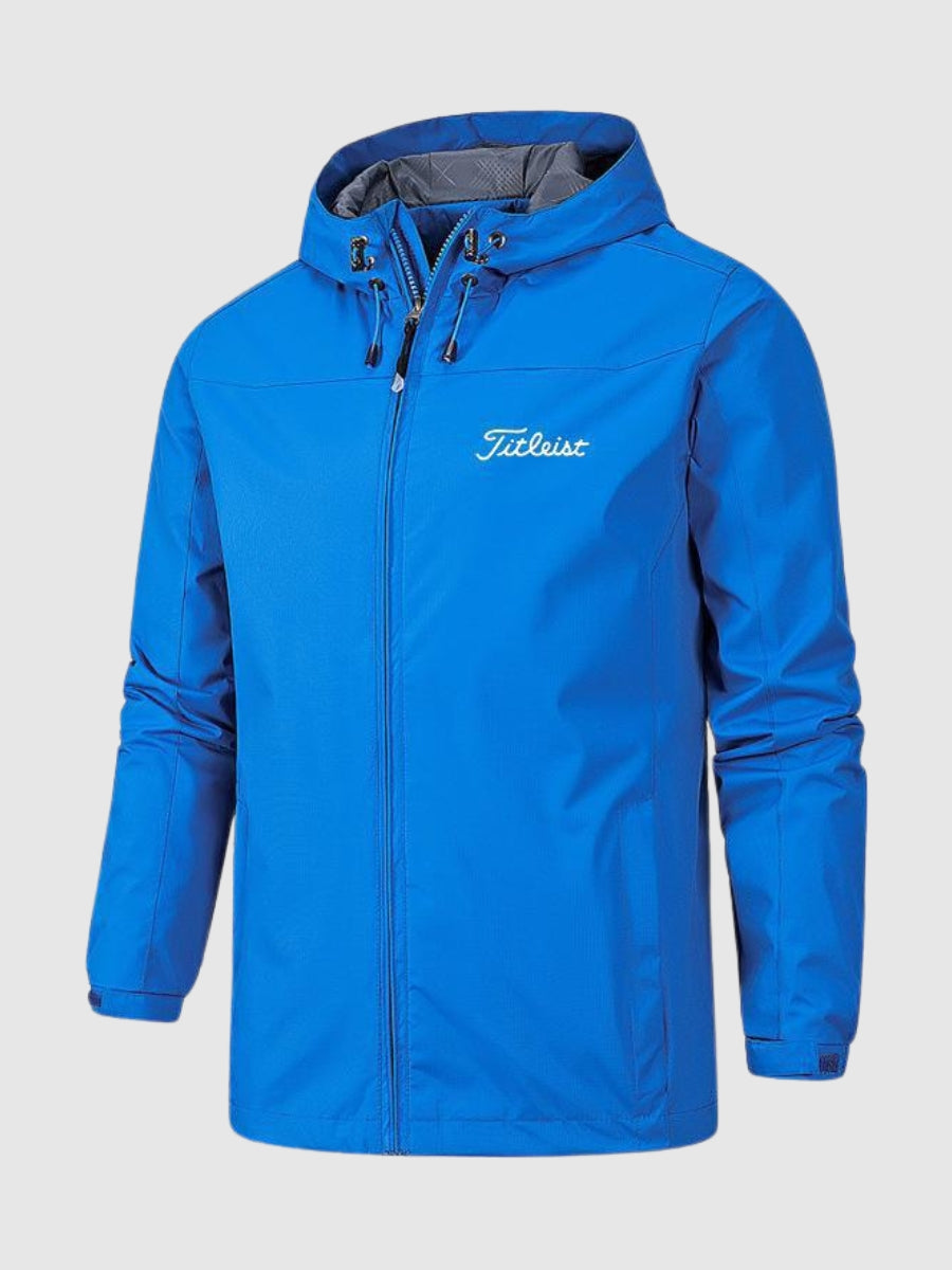 Blaue Titleist Herren-Golfjacke mit Kapuze, wasserabweisend, Outdoor-Sportbekleidung.