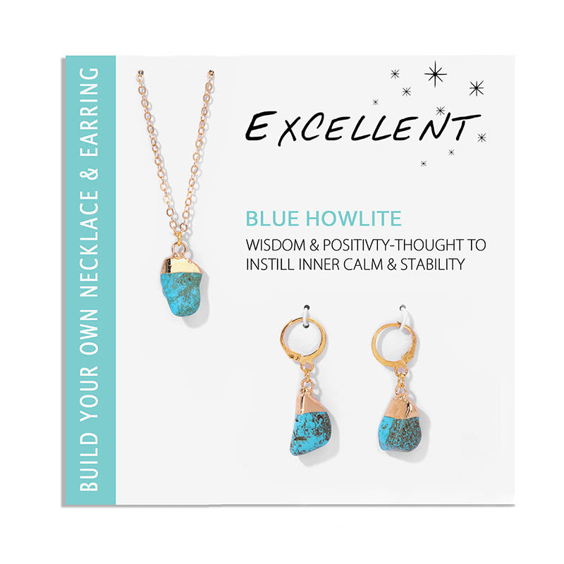 Blaue Howlith-Halskette und Ohrringe Set, Schmuck, Beruhigung, Stabilität, Goldakzente.