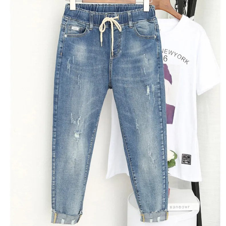 Blaue Jeans mit Kordelzug, Used-Look, Damenmode, lässig, Baumwolle, bequem, trendy.