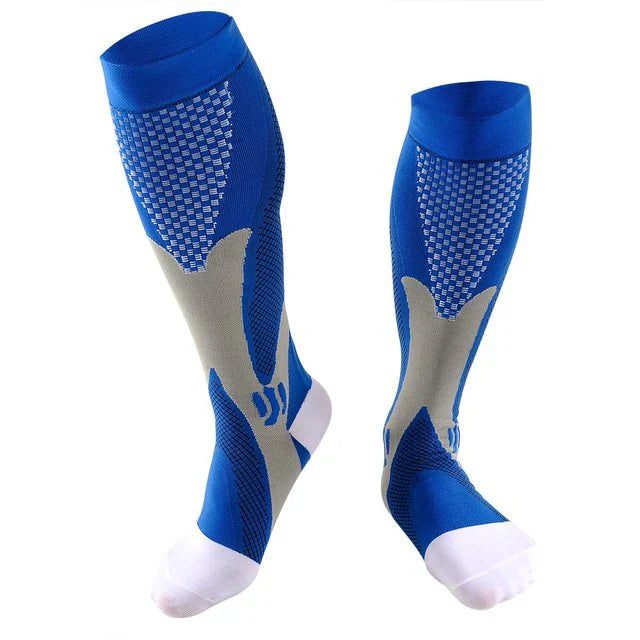 Blaue Kompressionsstrümpfe für Sport, Unisex, atmungsaktiv, kniehoch, elastisch.