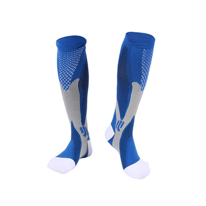 Blaue Kompressionsstrümpfe für Sport, atmungsaktiv, kniehoch, Unisex.