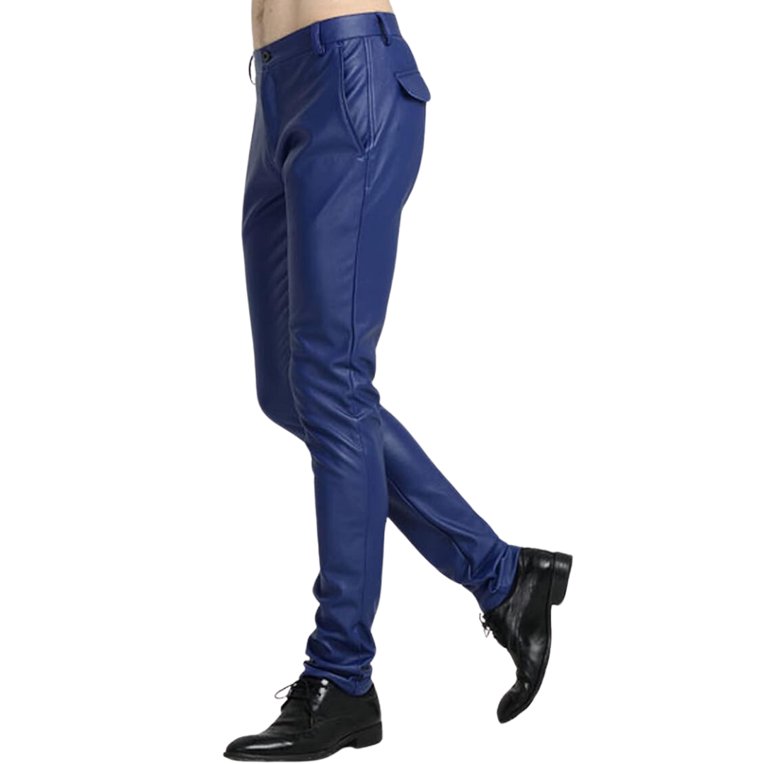 Blaue Lederhose für Herren, schmal geschnitten, modisch, elegant, ideal für Partys.