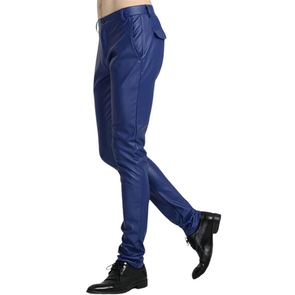 Blaue Lederhose für Herren, schmal geschnitten, modisch, elegant, ideal für Partys.