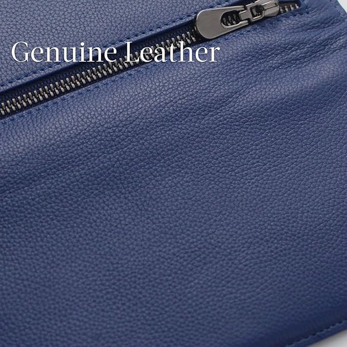 Blaue Ledertasche mit Reißverschluss, echtes Leder, stilvolles Accessoire, hochwertige Verarbeitung.