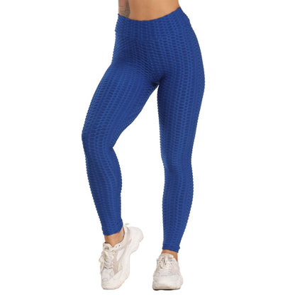 Blaue Damen-Leggings, nahtlos, strukturierte Sporthose, ideal für Fitness und Yoga.