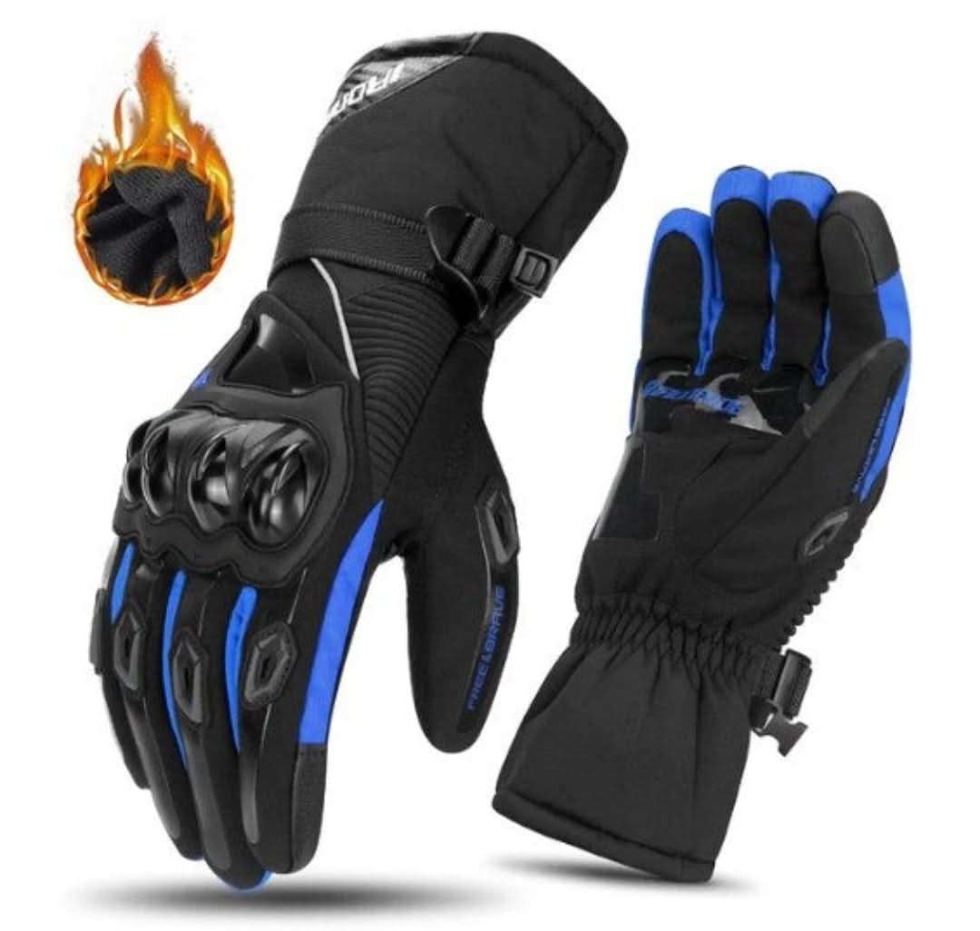 Schwarze und blaue Motorradhandschuhe mit Knöchelschutz, wasserdicht, winddicht, rutschfest.