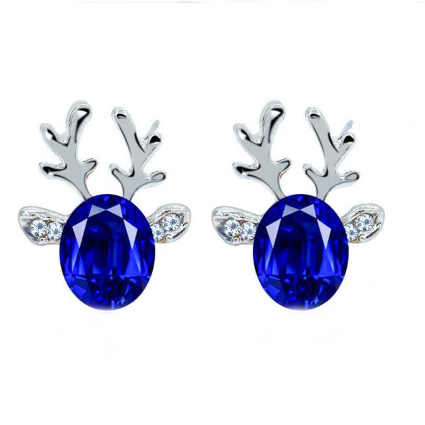 Silberne Rentier-Ohrringe mit blauen Kristallen, weihnachtlicher Schmuck, festliche Accessoires.