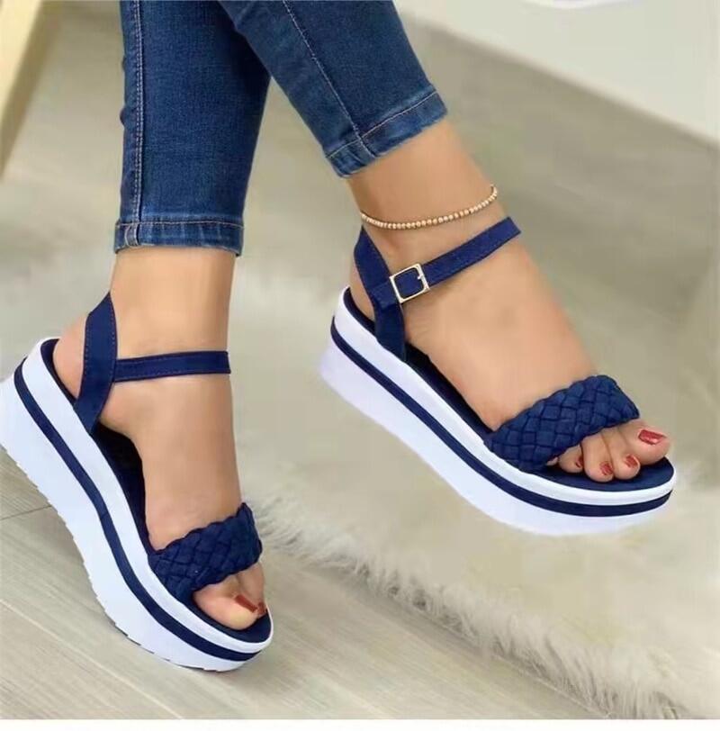 Damen Sandalen Blau, Plateau, Geflochten, Sommermode, Bequem, Freizeit, Trend, Schuhe