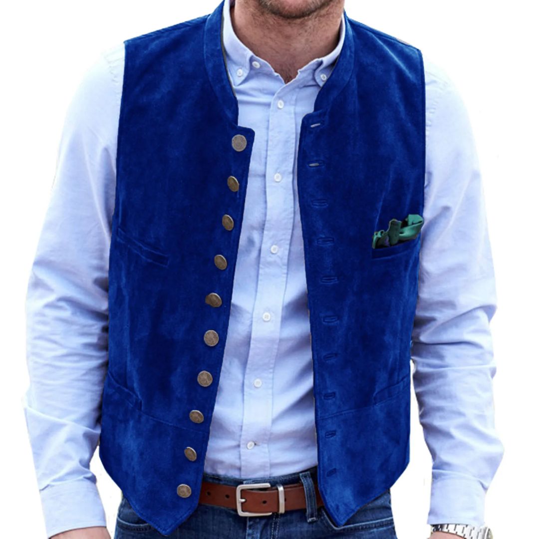 Blaues Herren-Westenhemd aus Wildleder mit Knöpfen, elegantes Design, modisch, Freizeitkleidung.