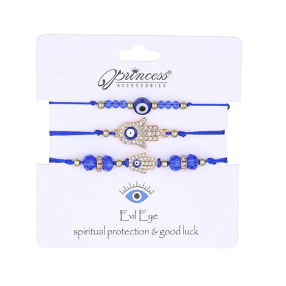 Drei blaue Armbänder mit Hamsa und Nazar-Amulett, Schmuck für spirituellen Schutz und Glück.