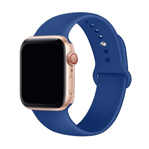Smartwatch mit blauem Armband, goldfarbenes Gehäuse, Fitness-Tracker, Touchscreen, modern.