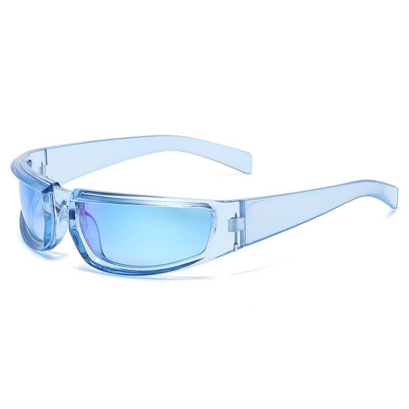 Blaue Sonnenbrille mit verspiegelten Gläsern, modisches Accessoire, UV-Schutz.