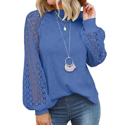 Damenpullover blau mit Spitzenärmeln, lässig, modisch, Herbstmode, Baumwolle, Rundhals.