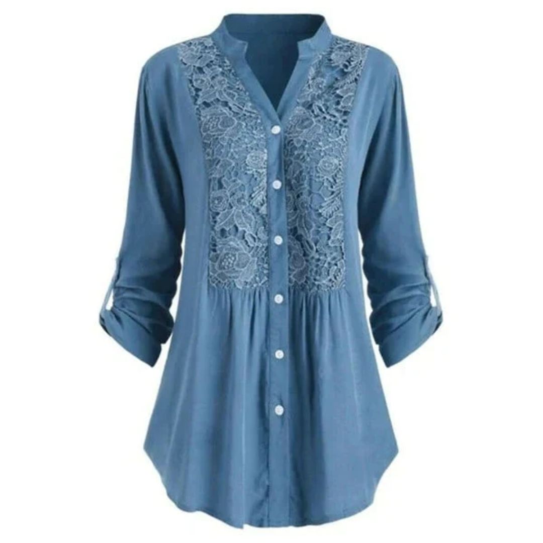 Blaue Damenbluse mit Spitze, Knopfleiste, 3/4-Ärmel, elegant, lässig, Baumwolle.