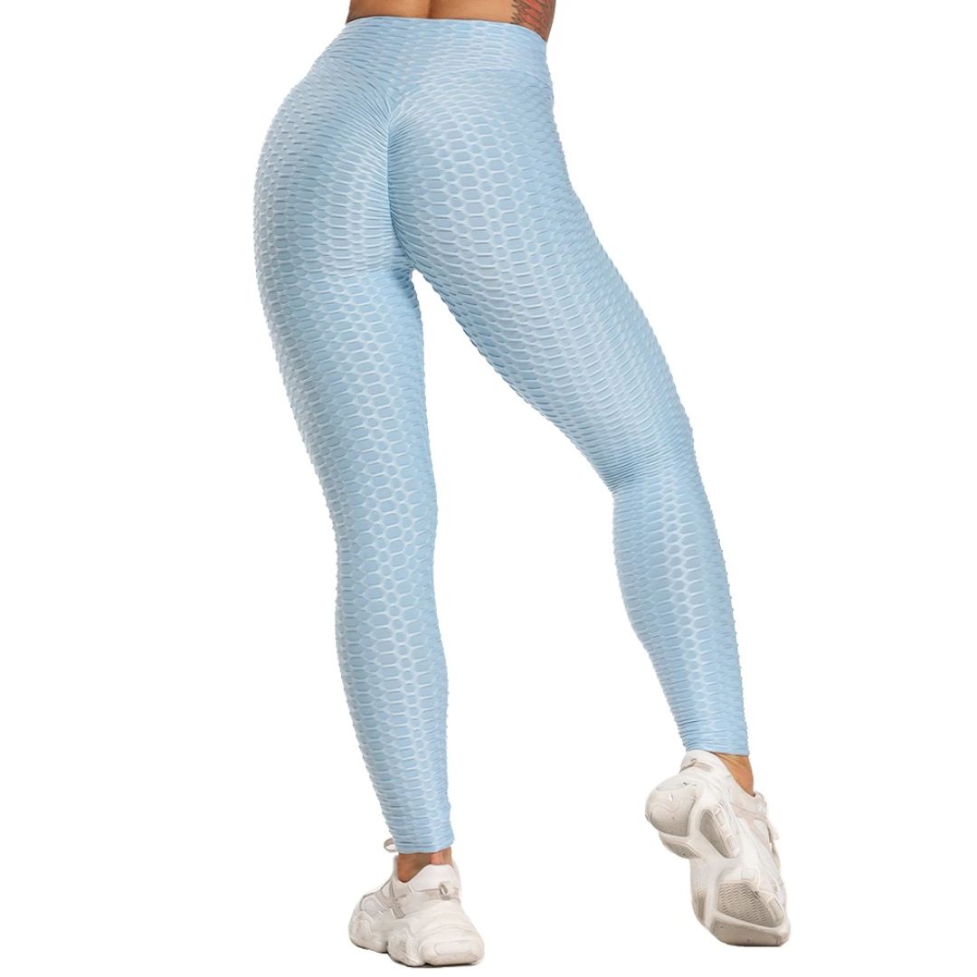 Damen blaue Leggings mit Wabenmuster, hohe Taille, Sportbekleidung, Fitnessmode.