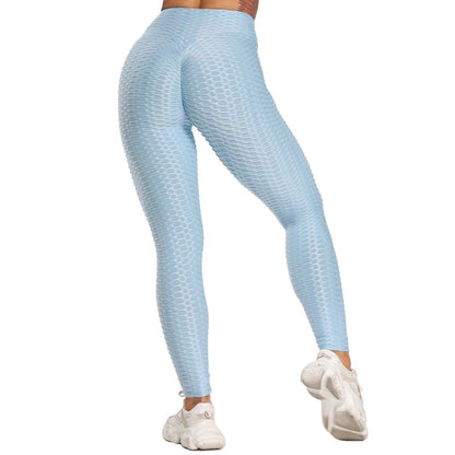 Damen blaue Leggings mit Wabenmuster, hohe Taille, Sportbekleidung, Fitnessmode.