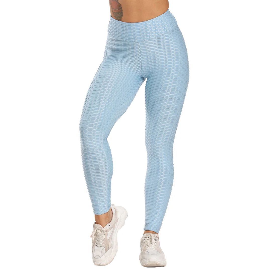 Damen blaue Leggings, nahtlos, strukturierte Sporthose, hohe Taille, Fitnessmode.