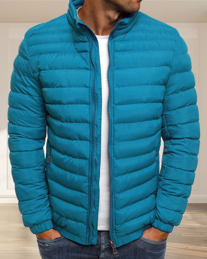 Herren-Daunenjacke, türkis, gesteppt, Reißverschluss, Wintermode, warm, modisch.