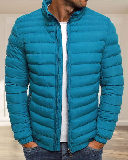 Herren-Daunenjacke, türkis, gesteppt, Reißverschluss, Wintermode, warm, modisch.