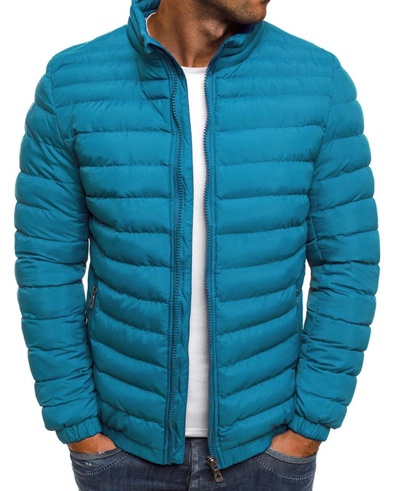 Männer-Daunenjacke, türkis, gesteppt, Reißverschluss, Wintermode, warm, modisch.