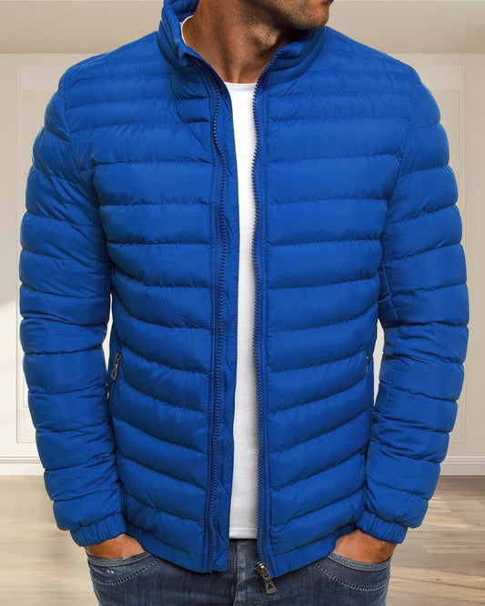 Blauer Herren-Daunenjacke, Steppdesign, Reißverschluss, modisch, warm, Winterbekleidung.