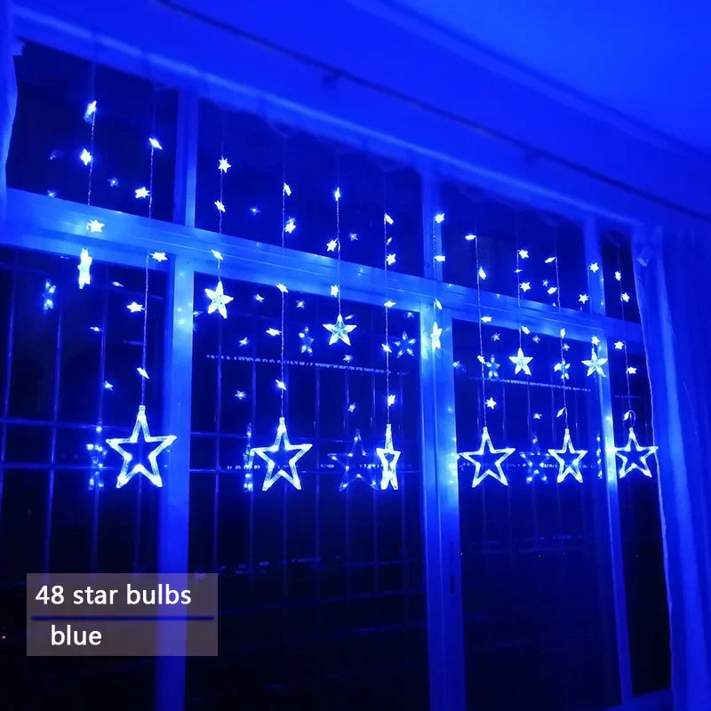 Blaue LED-Stern-Lichterkette, 48 Sterne, Fensterdekoration, Innenbeleuchtung.