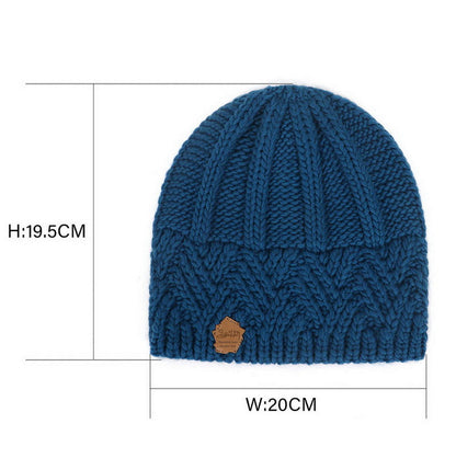 Blaue Strickmütze aus Wolle, Unisex, mit Lederetikett, 20x19,5 cm, Winteraccessoire.