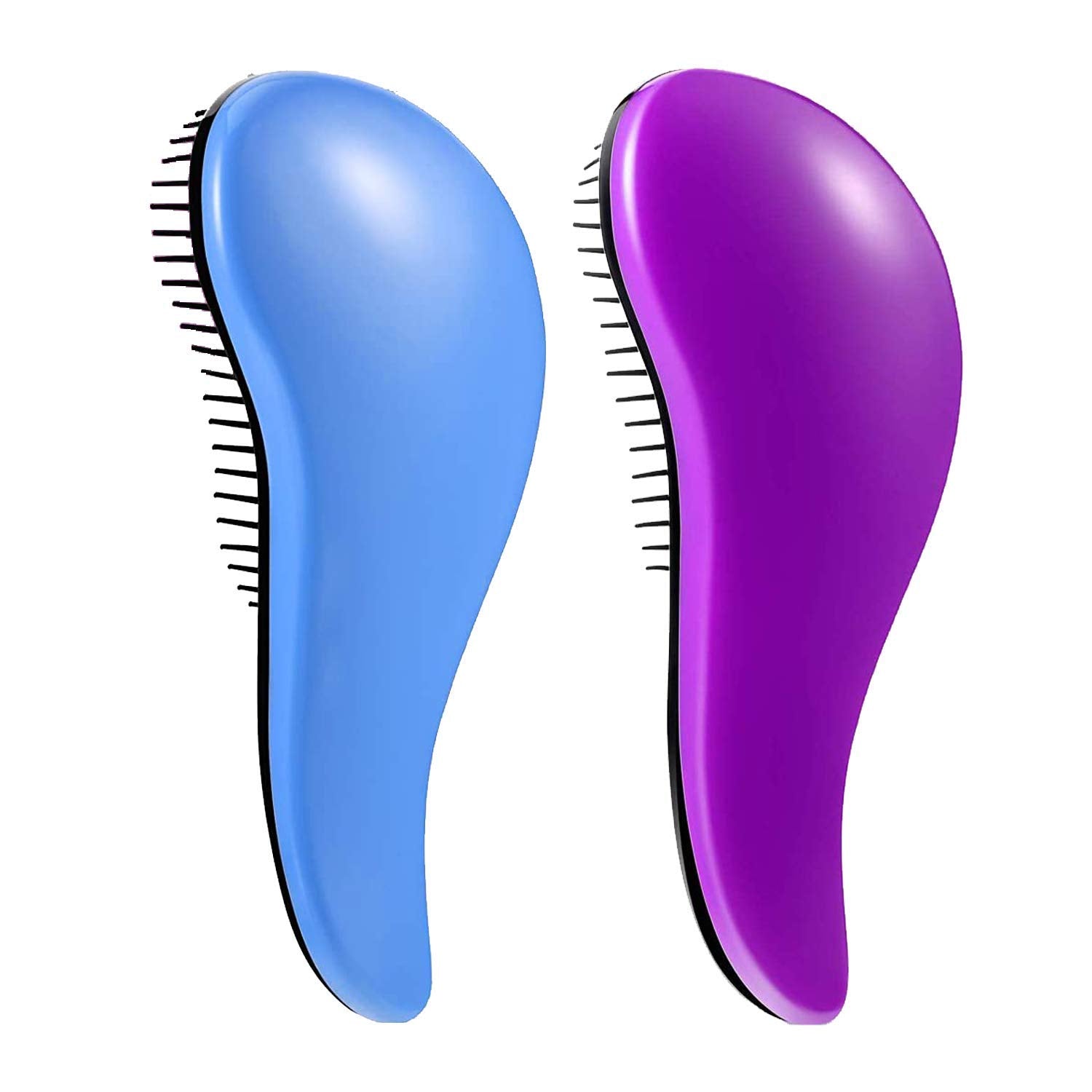 Zwei ergonomische Entwirrungsbürsten, blau und lila, für glattes Haarstyling.