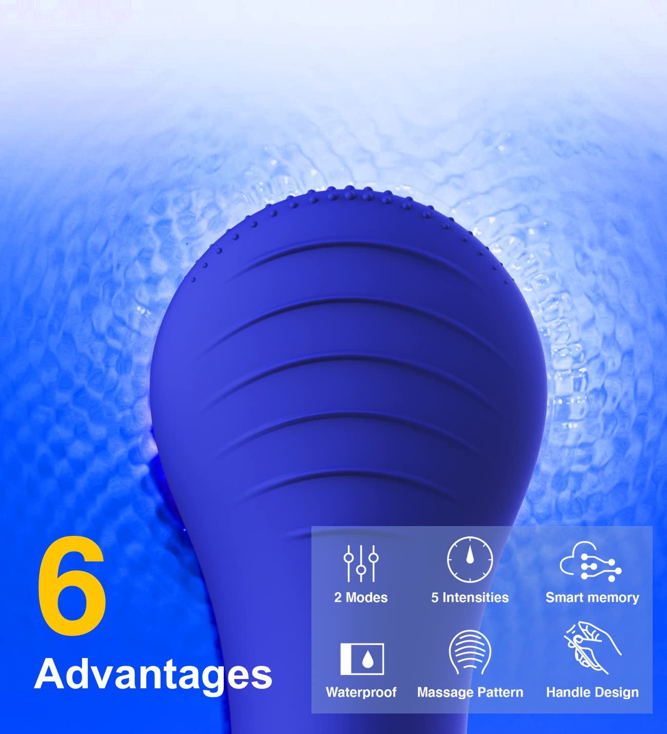 Blauer wasserdichter Massagestab mit 6 Vorteilen, 2 Modi, 5 Intensitäten, ergonomisches Design.