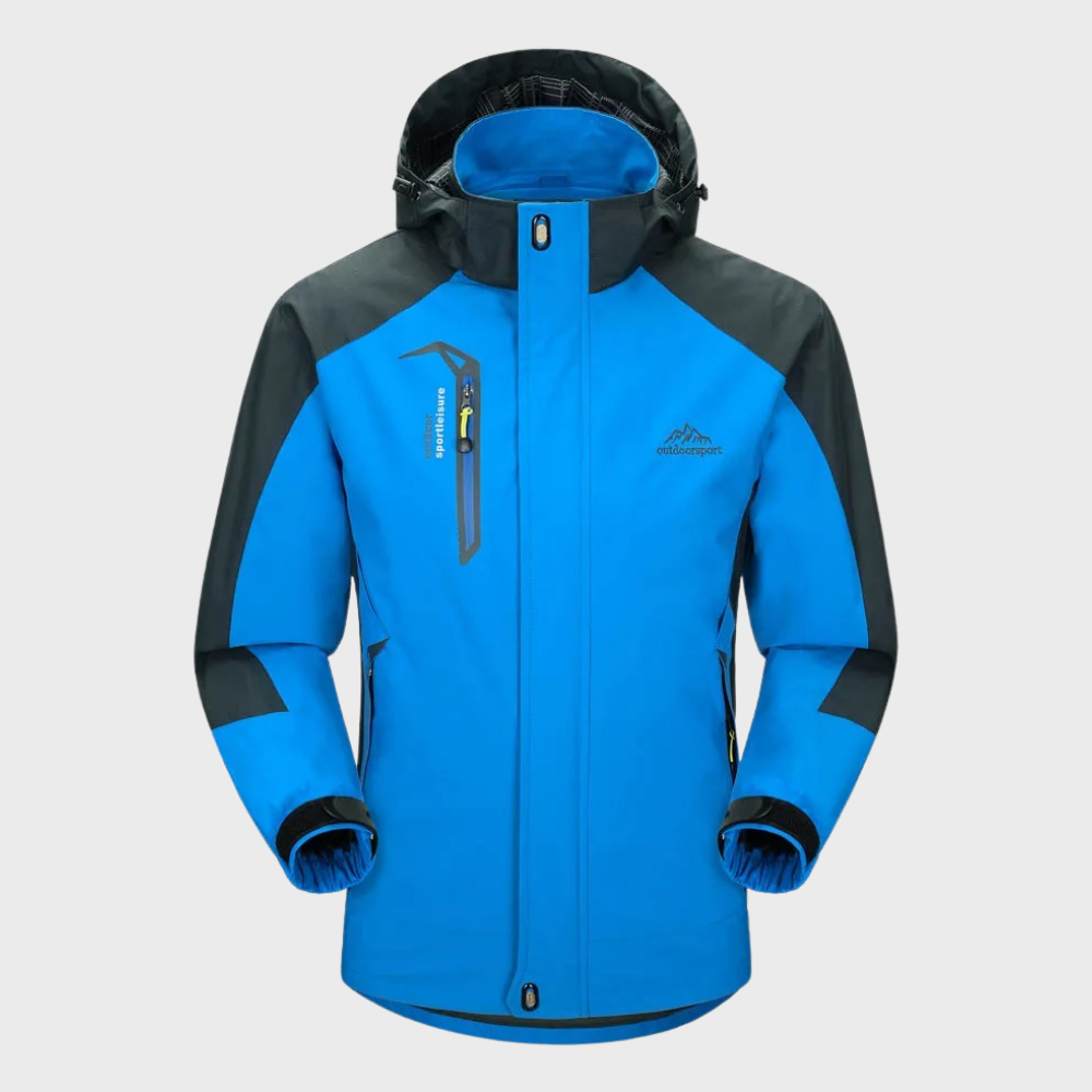 Blaue Outdoor-Jacke mit Kapuze, wasserdicht, winddicht, für Herren, funktional.