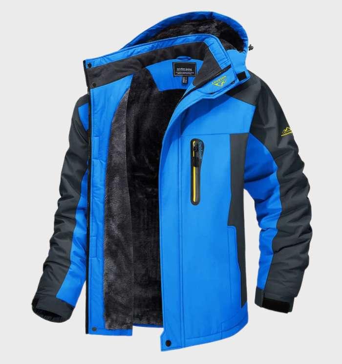 Blaue Herren-Skijacke, wasserdicht, winddicht, mit Kapuze und Reißverschlusstasche.