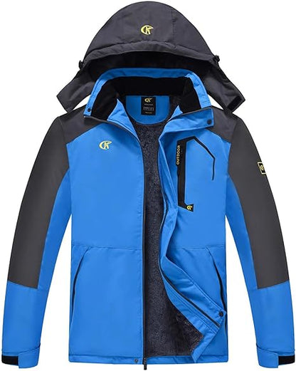 Blaue wasserdichte Herren-Skijacke mit Kapuze, Reißverschlusstaschen, winddicht, atmungsaktiv.