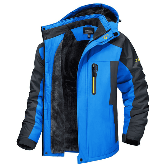 Blaue Herren-Skijacke, wasserdicht, winddicht, mit Kapuze und Reißverschlusstasche.
